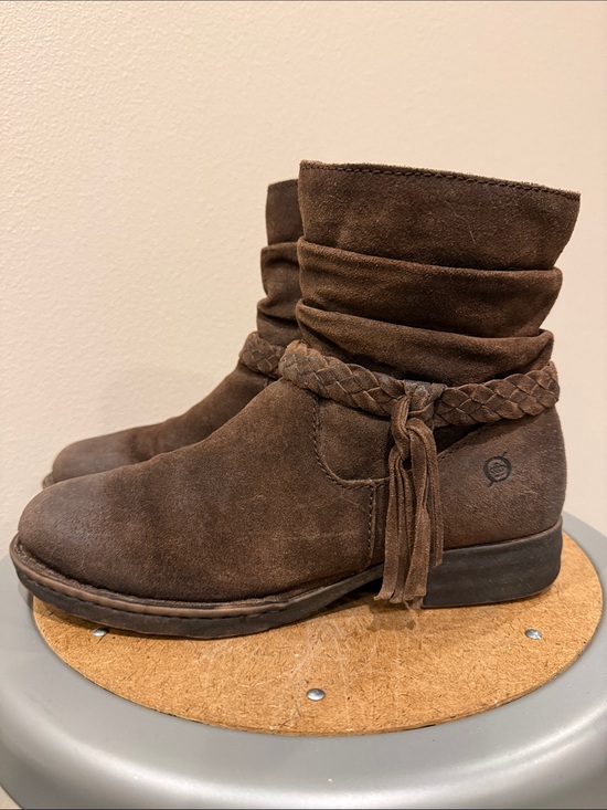 Born Shoes - Brown Ouvea Suede Slouch Ankle Boots with Braided Tassel Size 7.5